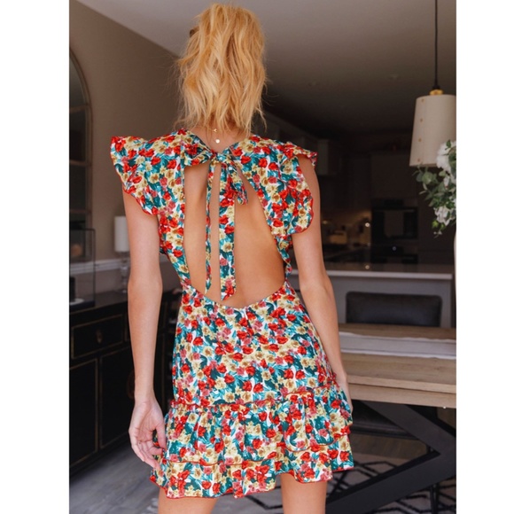 Backless Floral Print Mini Dress Deep V Neck - Picture 5 of 16